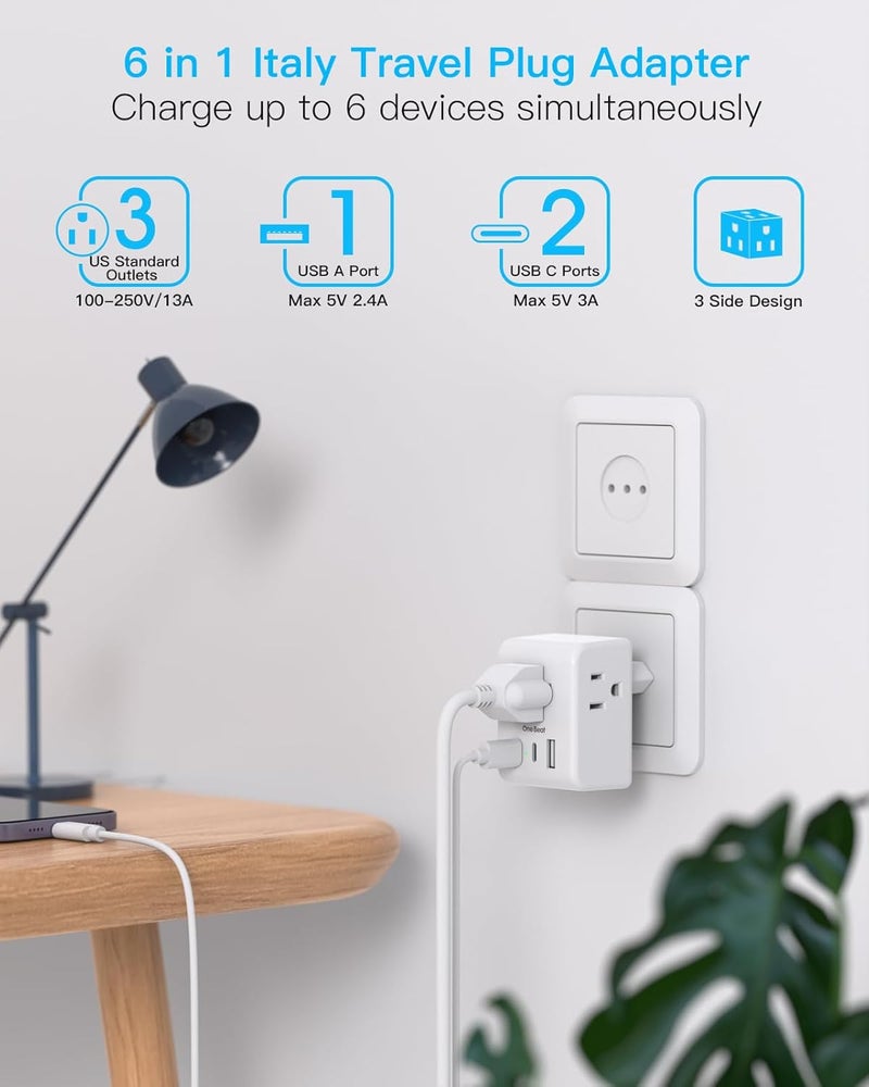 One Beat 2 Pack Italy Travel Plug Adapter, Type L Italy Power Adapter with 3 Outlets 3 USB Ports(2 USB C), 6 in 1 Travel Outlet Adaptor, 3 Prong Grounded Plug for USA to Italy Chile Uruguay Italian - Image 2